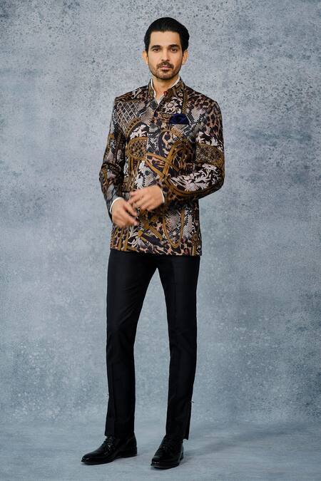 Shop_Raghavendra Rathore Jodhpur_Multi Color Linen Silk Print Bandhgala _Online_at_Aza_Fashions