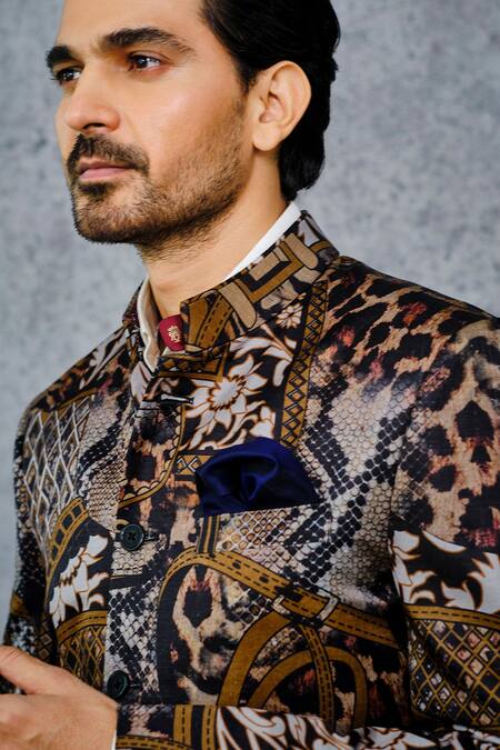 Raghavendra Rathore Jodhpur_Multi Color Linen Silk Print Bandhgala _at_Aza_Fashions