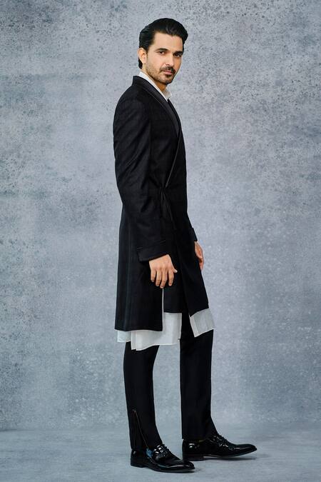 Raghavendra Rathore Jodhpur_Black Tanchoi Wrap Style Robe Jacket_Online_at_Aza_Fashions