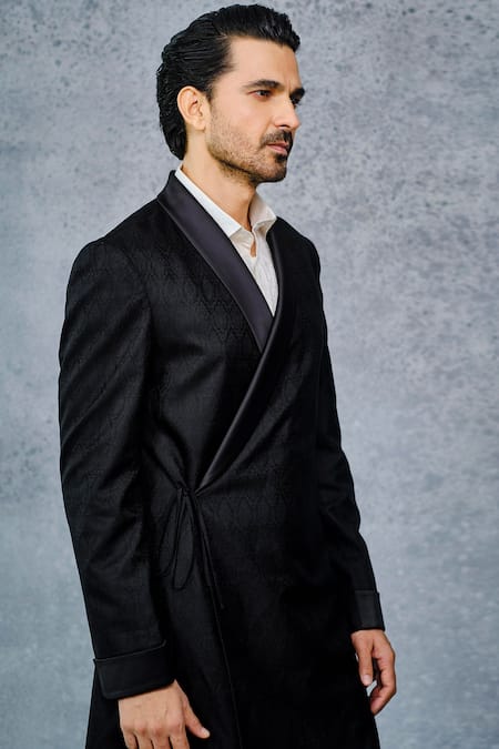 Shop_Raghavendra Rathore Jodhpur_Black Tanchoi Wrap Style Robe Jacket_Online_at_Aza_Fashions