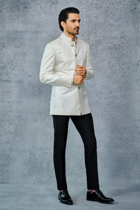 Raghavendra Rathore Jodhpur_White Tanchoi Thread And Sequin Placement Embroidered Bandhgala _Online_at_Aza_Fashions