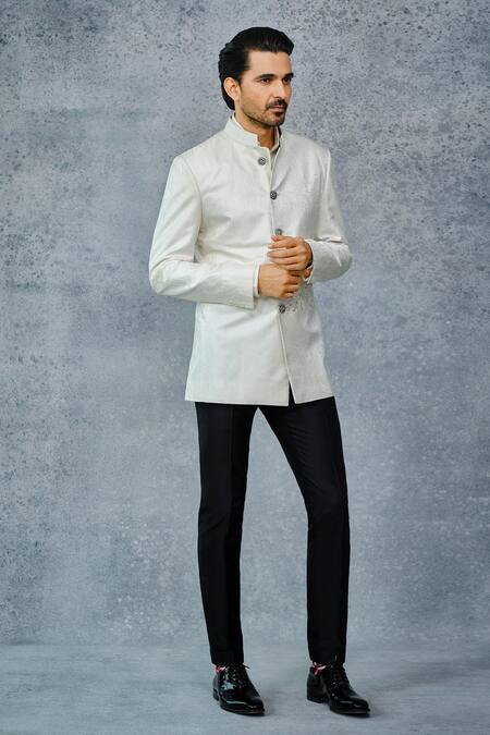 Buy_Raghavendra Rathore Jodhpur_White Tanchoi Thread And Sequin Placement Embroidered Bandhgala _Online_at_Aza_Fashions