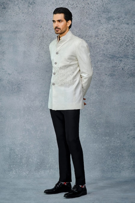 Shop_Raghavendra Rathore Jodhpur_White Tanchoi Thread And Sequin Placement Embroidered Bandhgala _Online_at_Aza_Fashions