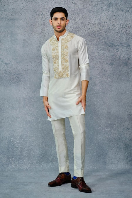 Raghavendra Rathore Jodhpur_White Tussar Silk Thread And Sequin Floral Embroidered Kurta _Online_at_Aza_Fashions