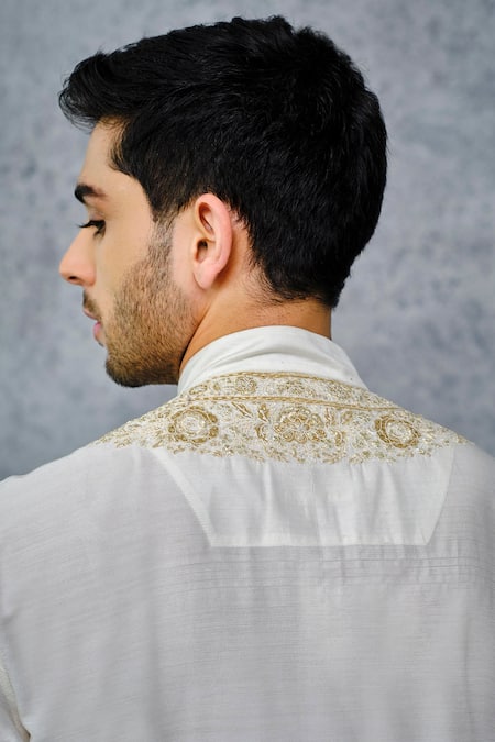 Shop_Raghavendra Rathore Jodhpur_White Tussar Silk Thread And Sequin Floral Embroidered Kurta _Online_at_Aza_Fashions