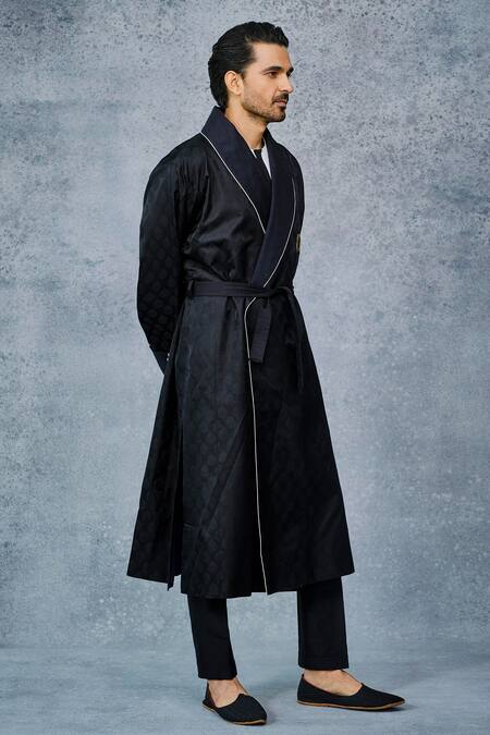 Raghavendra Rathore Jodhpur_Black Tanchoi Shawl Collar Robe _Online_at_Aza_Fashions