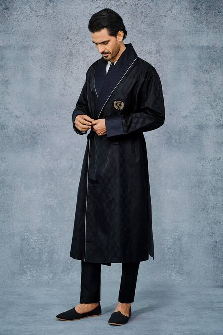 Buy_Raghavendra Rathore Jodhpur_Black Tanchoi Shawl Collar Robe _Online_at_Aza_Fashions