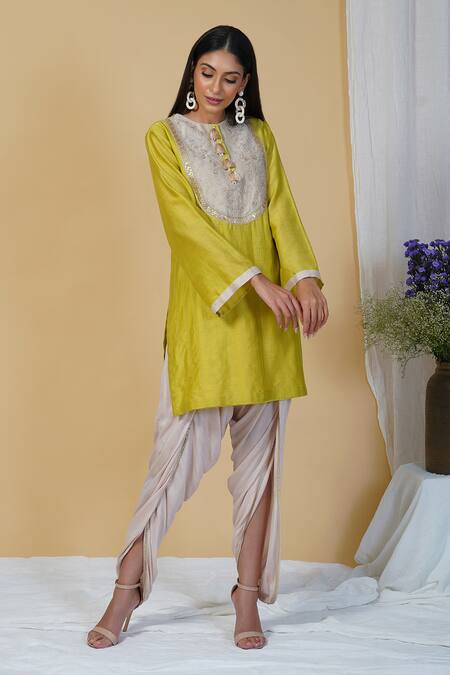 Radhika & Raghav_Green Silk Chanderi And Organza Embroidery Thread Kurta & Dhoti Pant Set _Online_at_Aza_Fashions