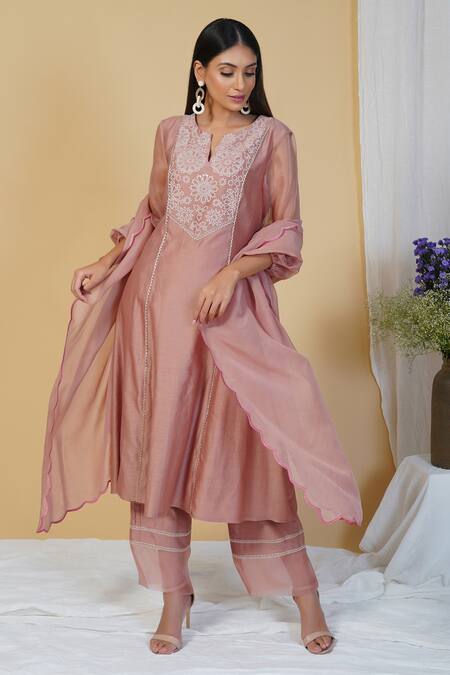 Radhika & Raghav Pink Silk Chanderi And Organza Sequin Notched Kurta Pant Set Online at Aza Fashions Radhika & Raghav_Pink Silk Chanderi And Organza Sequin Notched Kurta Pant Set_Online_at_Aza_Fashions