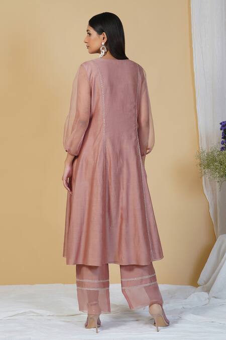 Shop Radhika & Raghav Pink Silk Chanderi And Organza Sequin Notched Kurta Pant Set at Aza Fashions Shop_Radhika & Raghav_Pink Silk Chanderi And Organza Sequin Notched Kurta Pant Set_at_Aza_Fashions