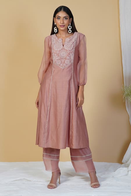 Shop Radhika & Raghav Pink Silk Chanderi And Organza Sequin Notched Kurta Pant Set Online at Aza Fashions Shop_Radhika & Raghav_Pink Silk Chanderi And Organza Sequin Notched Kurta Pant Set_Online_at_Aza_Fashions