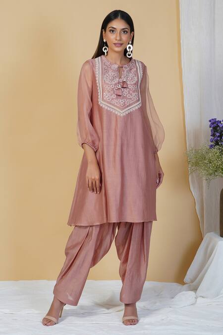 Shop Radhika & Raghav Pink Silk Chanderi And Organza Sequin Round Kurta Salwar Set at Aza Fashions Shop_Radhika & Raghav_Pink Silk Chanderi And Organza Sequin Round Kurta Salwar Set_at_Aza_Fashions