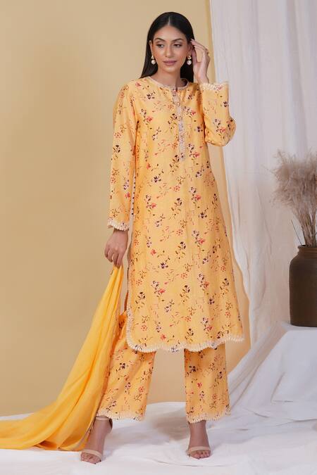 Radhika & Raghav_Yellow Silk And Cotton Floral Print & Thread Kurta Pant Set_Online_at_Aza_Fashions