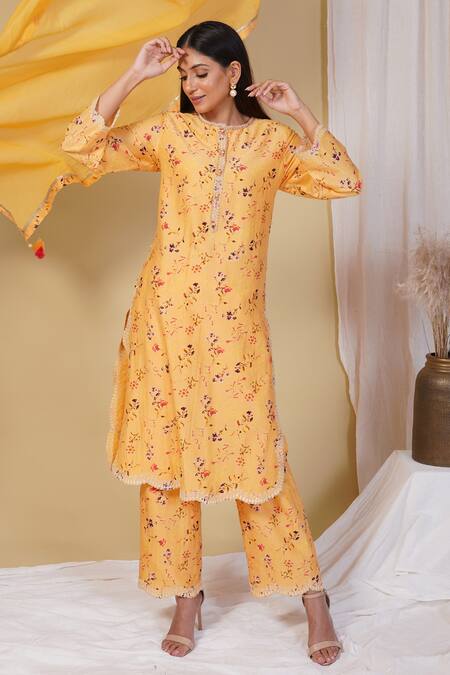 Buy_Radhika & Raghav_Yellow Silk And Cotton Floral Print & Thread Kurta Pant Set_Online_at_Aza_Fashions