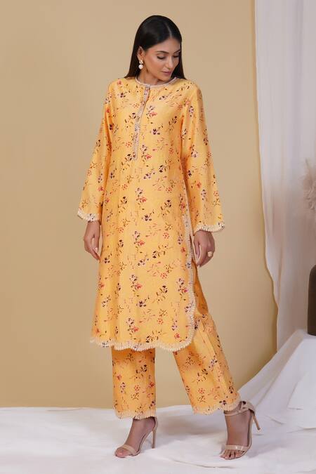 Shop_Radhika & Raghav_Yellow Silk And Cotton Floral Print & Thread Kurta Pant Set_Online_at_Aza_Fashions