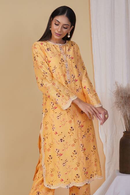 Radhika & Raghav_Yellow Silk And Cotton Floral Print & Thread Kurta Pant Set_at_Aza_Fashions