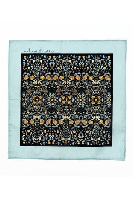 Shop_Rabani & Rakha_Black Floral Print Face Mask And Pocket Square Set _at_Aza_Fashions