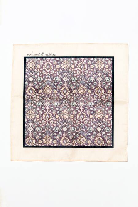 Shop_Rabani & Rakha_Purple Floral Printed Face Mask And Pocket Square Set _at_Aza_Fashions
