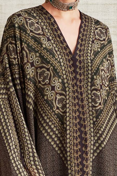 Rajdeep Ranawat_Black Georgette V Neck Kaaya Hooded Kaftan_at_Aza_Fashions