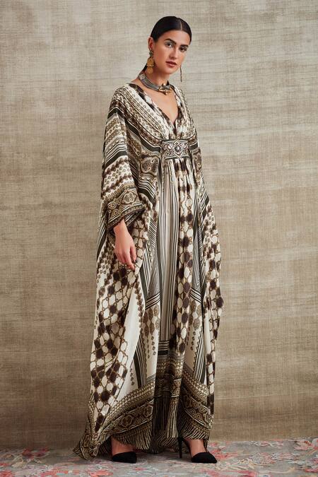 Rajdeep Ranawat_White Silk V Neck Imama Kaftan_Online_at_Aza_Fashions