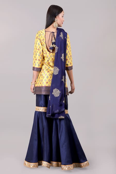 Shop Rashika Sharma Blue Kurta And Sharara Dupion Silk Dupatta Chiffon Round Printed Set at Aza Fashions Shop_Rashika Sharma_Blue Kurta And Sharara Dupion Silk Dupatta Chiffon Round Printed Set _at_Aza_Fashions