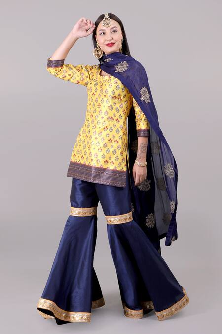 Rashika Sharma Blue Kurta And Sharara Dupion Silk Dupatta Chiffon Round Printed Set Online at Aza Fashions Rashika Sharma_Blue Kurta And Sharara Dupion Silk Dupatta Chiffon Round Printed Set _Online_at_Aza_Fashions