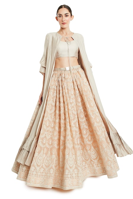 Rocky Star Beige Silk Cape Lehenga Set