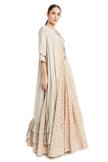 Rocky Star_Beige Silk Cape Lehenga Set_Online_at_Aza_Fashions