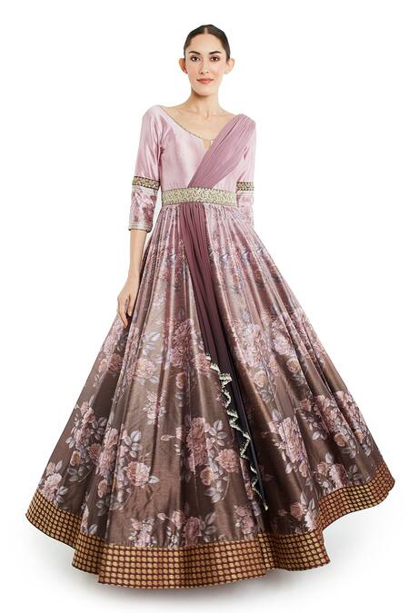 Rocky Star Multi Color Raw Silk Floral Print Draped Gown