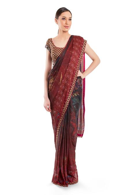 Rocky Star Brown Kimkhab Brocade Abstract Print Saree With Blouse Online at Aza Fashions Rocky Star_Brown Kimkhab Brocade Abstract Print Saree With Blouse_Online_at_Aza_Fashions