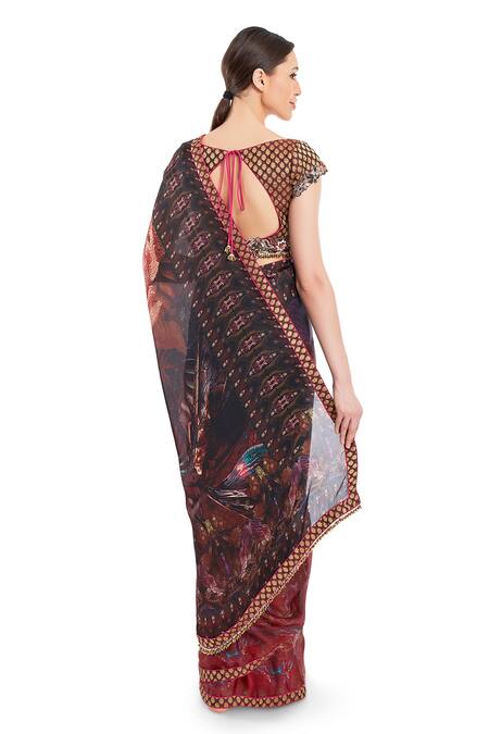 Shop Rocky Star Brown Kimkhab Brocade Abstract Print Saree With Blouse at Aza Fashions Shop_Rocky Star_Brown Kimkhab Brocade Abstract Print Saree With Blouse_at_Aza_Fashions