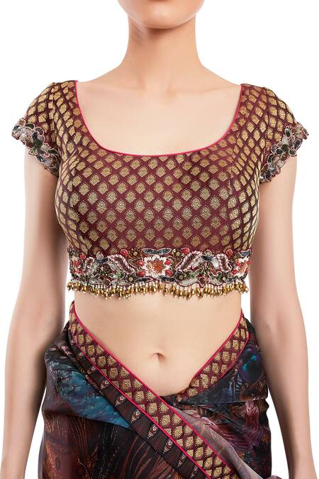 Buy Rocky Star Brown Kimkhab Brocade Abstract Print Saree With Blouse Online at Aza Fashions Buy_Rocky Star_Brown Kimkhab Brocade Abstract Print Saree With Blouse_Online_at_Aza_Fashions