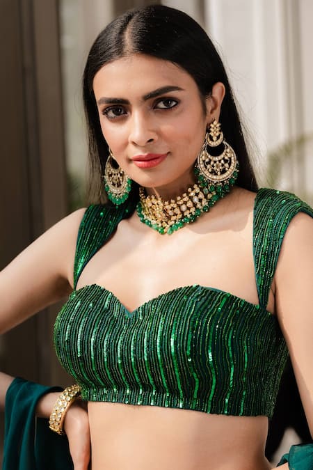 Buy_Rashika Sharma_Green Georgette Lining Shantoon Sweetheart Neck Embellished Lehenga Set _Online_at_Aza_Fashions