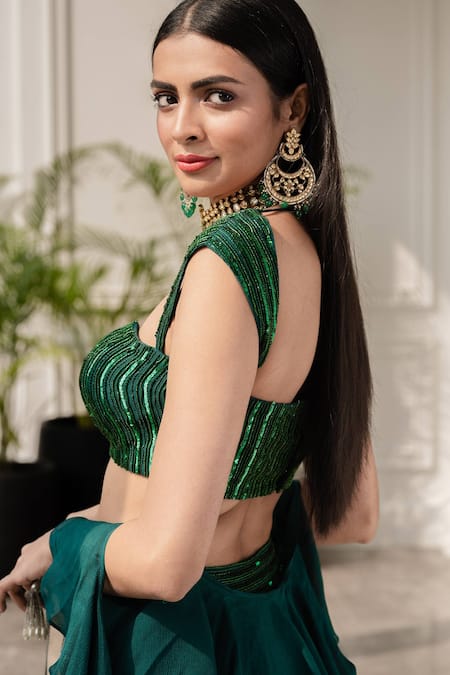 Shop_Rashika Sharma_Green Georgette Lining Shantoon Sweetheart Neck Embellished Lehenga Set _Online_at_Aza_Fashions