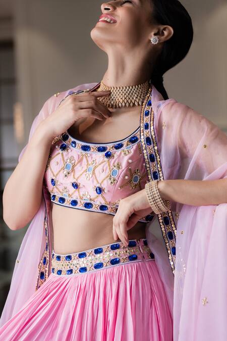 Shop_Rashika Sharma_Pink Blouse Croma , Lehenga Chiffon And Dupatta Embellished Set _Online_at_Aza_Fashions