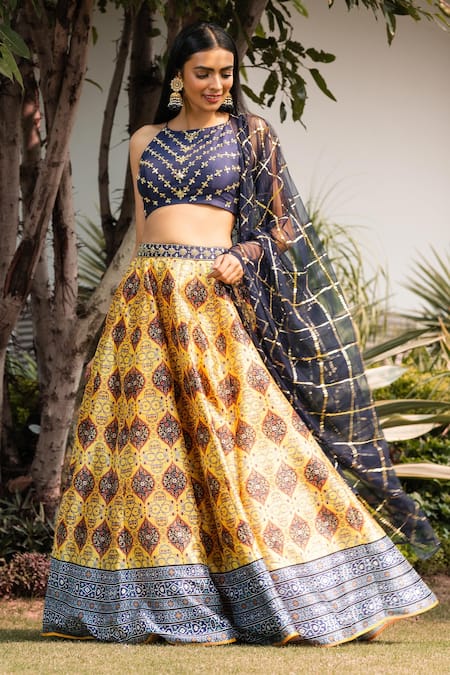 Lehenga Choli Bollywood Sari Designer Party Wear Yellow Blue Lehenga Saree  | eBay