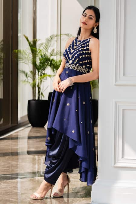Shop Rashika Sharma Blue Kurta Chinnon Chiffon And Dhoti Pants Satinlining Embellished & Set Online at Aza Fashions Shop_Rashika Sharma_Blue Kurta Chinnon Chiffon And Dhoti Pants Satinlining Embellished & Set _Online_at_Aza_Fashions