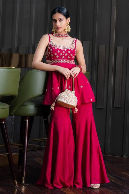 Rashika Sharma Maroon Chinnon Chiffon And Georgettelining Embellished Kurta & Sharara Set Online at Aza Fashions Rashika Sharma_Maroon Chinnon Chiffon And Georgettelining Embellished Kurta & Sharara Set _Online_at_Aza_Fashions