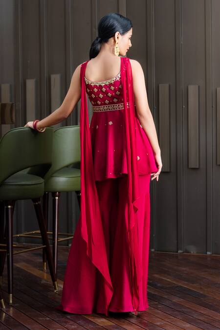 Shop Rashika Sharma Maroon Chinnon Chiffon And Georgettelining Embellished Kurta & Sharara Set at Aza Fashions Shop_Rashika Sharma_Maroon Chinnon Chiffon And Georgettelining Embellished Kurta & Sharara Set _at_Aza_Fashions