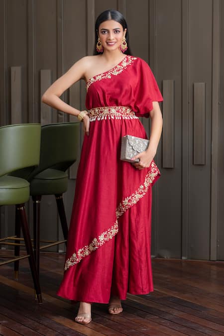 Red Sequin and Satin One Shoulder Split Prom Formal Dress - Lunss