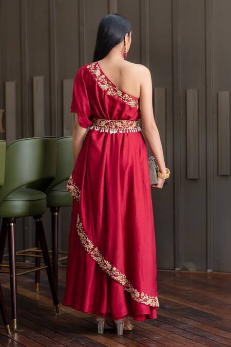 Shop Rashika Sharma Maroon Chrome Silk lining Shantoon Asymmetric Embellished One Shoulder Gown at Aza Fashions Shop_Rashika Sharma_Maroon Chrome Silk lining Shantoon Asymmetric Embellished One Shoulder Gown _at_Aza_Fashions