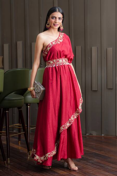 Rashika Sharma Maroon Chrome Silk lining Shantoon Asymmetric Embellished One Shoulder Gown Online at Aza Fashions Rashika Sharma_Maroon Chrome Silk lining Shantoon Asymmetric Embellished One Shoulder Gown _Online_at_Aza_Fashions