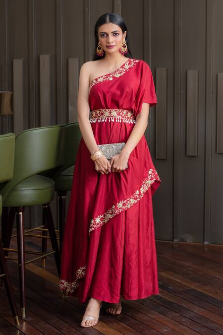 Buy Rashika Sharma Maroon Chrome Silk lining Shantoon Asymmetric Embellished One Shoulder Gown Online at Aza Fashions Buy_Rashika Sharma_Maroon Chrome Silk lining Shantoon Asymmetric Embellished One Shoulder Gown _Online_at_Aza_Fashions