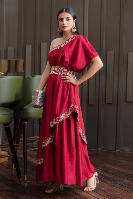 Shop Rashika Sharma Maroon Chrome Silk lining Shantoon Asymmetric Embellished One Shoulder Gown Online at Aza Fashions Shop_Rashika Sharma_Maroon Chrome Silk lining Shantoon Asymmetric Embellished One Shoulder Gown _Online_at_Aza_Fashions