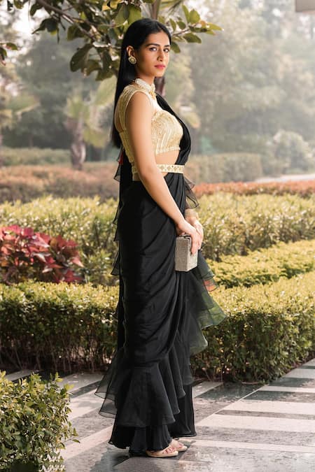 Rashika Sharma Black Chrome Silk And Chinnon Chiffon lining Pre-draped Saree With Blouse Online at Aza Fashions Rashika Sharma_Black Chrome Silk And Chinnon Chiffon lining Pre-draped Saree With Blouse _Online_at_Aza_Fashions