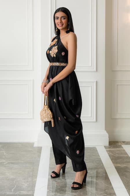 Shop Rashika Sharma Black Croma Silk Asymmetric Embellished Draped Tunic And Pant Set at Aza Fashions Shop_Rashika Sharma_Black Croma Silk Asymmetric Embellished Draped Tunic And Pant Set _at_Aza_Fashions
