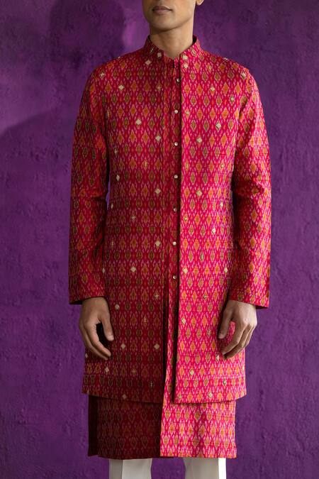 Qbik_Nehru Jacket And Kurta- Rani Ikat Trouser- Viscose Embroidered & Set_Online_at_Aza_Fashions