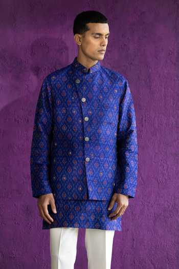 Qbik_Nehru Jacket And Kurta Royal Ikat Trouser- Embroidered Bundi & Set_Online_at_Aza_Fashions