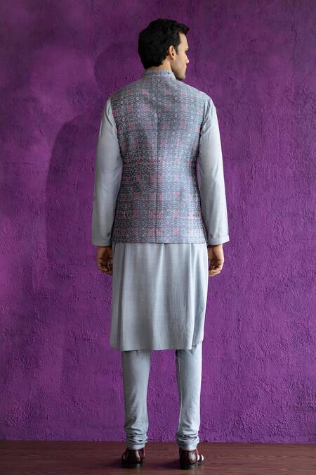 Shop_Qbik_Nehru Jacket- Ikat Kurta And Churidar- Modal Embroidered Bundi & Set_at_Aza_Fashions