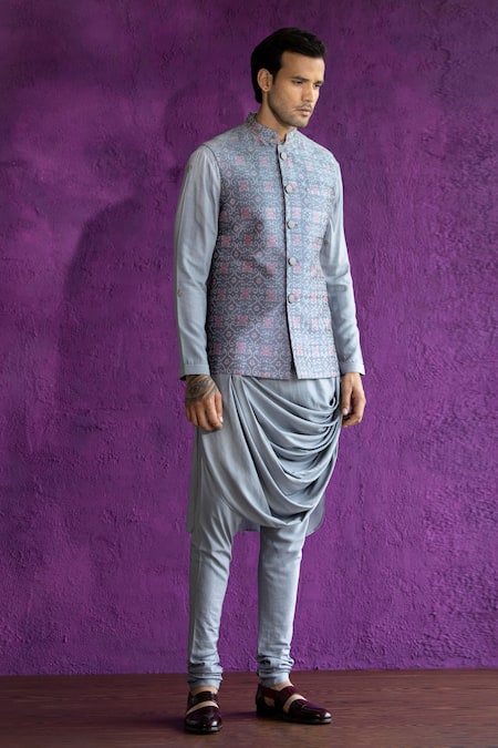 Qbik_Nehru Jacket- Ikat Kurta And Churidar- Modal Embroidered Bundi & Set_Online_at_Aza_Fashions